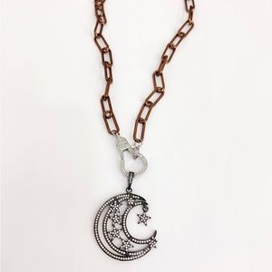 Metallic Chocolate Enamel Moon and Stars Necklace
